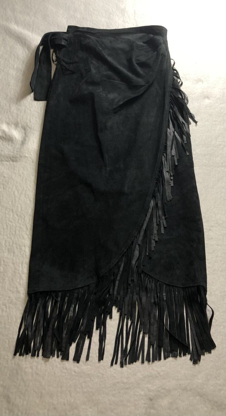 Vintage Cedars Skirt M Black Suede Leather Fringe Wrap Boho South Western